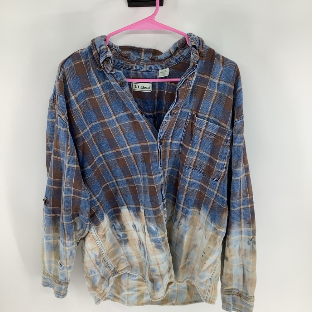 LL Bean Custom Acid Wash Bleached Flannel‎ Shirt Plaid Distressed Mens L